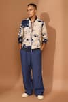 Buy_Vivek Karunakaran_Blue Voile Printed Crackle Bomber Jacket _at_Aza_Fashions