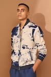 Buy_Vivek Karunakaran_Blue Voile Printed Crackle Bomber Jacket _Online_at_Aza_Fashions