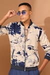 Shop_Vivek Karunakaran_Blue Voile Printed Crackle Bomber Jacket _Online_at_Aza_Fashions