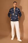 Buy_Vivek Karunakaran_Blue Linen Embroidered Cutwork Bomber Jacket _at_Aza_Fashions