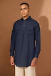 Buy_Vivek Karunakaran_Blue Linen Embroidered Thread Handstitch Pathan Kurta _Online_at_Aza_Fashions