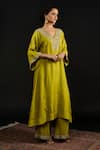 Shop_Reeti Arneja_Green Silk Embroidery Thread V Neck Metallic Blossom Kurta With Palazzo Pant _Online_at_Aza_Fashions