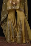 Reeti Arneja_Gold Organza Embroidery Ambrosia Boat Neck Asymmetric Cape And Godet Sharara Set _Online