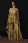 Buy_Reeti Arneja_Gold Organza Embroidery Ambrosia Boat Neck Asymmetric Cape And Godet Sharara Set _Online