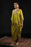 Buy_Reeti Arneja_Green Satin Embroidery Khadra Short Kaftan Kurti With Draped Dhoti Skirt _at_Aza_Fashions