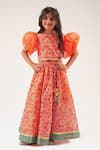 Buy_LIL DRAMA_Orange Chanderi Printed Floral Jaal Lehenga With Blouse _at_Aza_Fashions