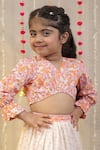 Shop_TINY COLOR_Peach Mulmul Cotton Print Floral Block Pleated Blouse With Lehenga _Online_at_Aza_Fashions