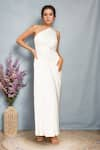 Buy_Samyukta Singhania_White Satin Hand Embroidered Bead Asymmetric Ivory Angel Maxi Dress _at_Aza_Fashions