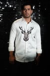 Buy_Sanjana reddy Designs_Grey Stretchable Cotton Embroidered Cutdana 3d Reindeer Shirt _at_Aza_Fashions