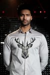 Sanjana reddy Designs_Grey Stretchable Cotton Embroidered Cutdana 3d Reindeer Shirt _Online_at_Aza_Fashions