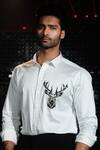 Shop_Sanjana reddy Designs_White Stretchable Cotton Embroidered Cutdana Reindeer Shirt _at_Aza_Fashions