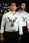 Sanjana reddy Designs_White Stretchable Cotton Embroidered Cutdana Reindeer Shirt _Online_at_Aza_Fashions