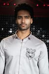 Shop_Sanjana reddy Designs_Grey Stretchable Cotton Embroidered Cutdana Tiger Shirt _at_Aza_Fashions