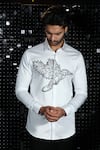 Buy_Sanjana reddy Designs_White Stretchable Cotton Embroidery Kingfisher Mighty Rise Cutdana Shirt _at_Aza_Fashions