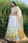 Buy_Label Priyanka Kar_Yellow Double Satin Hand Embroidered Botanical V Neck Ombre Lehenga Set _at_Aza_Fashions