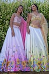 Label Priyanka Kar_Yellow Double Satin Hand Embroidered Botanical V Neck Ombre Lehenga Set _Online_at_Aza_Fashions