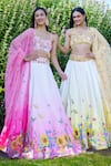 Buy_Label Priyanka Kar_Yellow Double Satin Hand Embroidered Botanical V Neck Ombre Lehenga Set _Online_at_Aza_Fashions