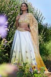 Label Priyanka Kar_Yellow Double Satin Hand Embroidered Botanical V Neck Ombre Lehenga Set _at_Aza_Fashions