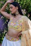 Buy_Label Priyanka Kar_Yellow Double Satin Hand Embroidered Botanical V Neck Ombre Lehenga Set 