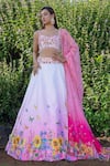 Label Priyanka Kar_Pink Double Satin Hand Embroidered Botanical Sweetheart Ombre Lehenga Blouse Set _at_Aza_Fashions