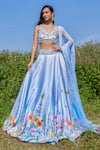 Buy_Label Priyanka Kar_Blue Double Satin Hand Embroidered Botanical V Neck Lehenga Blouse Set _at_Aza_Fashions