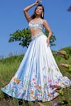 Buy_Label Priyanka Kar_Blue Double Satin Hand Embroidered Botanical V Neck Lehenga Blouse Set _Online_at_Aza_Fashions