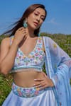 Buy_Label Priyanka Kar_Blue Double Satin Hand Embroidered Botanical V Neck Lehenga Blouse Set 