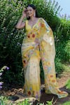 Buy_Label Priyanka Kar_Yellow Lurex Georgette Hand Sunflower Printed Pre-draped Saree With Blouse _at_Aza_Fashions