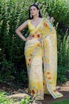 Label Priyanka Kar_Yellow Lurex Georgette Hand Sunflower Printed Pre-draped Saree With Blouse _Online_at_Aza_Fashions