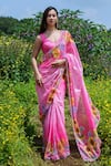 Buy_Label Priyanka Kar_Pink Lurex Georgette Hand Embroidered Printed Pre-draped Saree With Blouse _at_Aza_Fashions