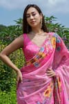 Label Priyanka Kar_Pink Lurex Georgette Hand Embroidered Printed Pre-draped Saree With Blouse _Online_at_Aza_Fashions