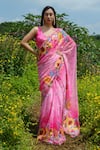 Buy_Label Priyanka Kar_Pink Lurex Georgette Hand Embroidered Printed Pre-draped Saree With Blouse _Online_at_Aza_Fashions