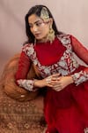 Aanchal Vijaywargi_Maroon Organza And Georgette Embroidery 3d Floral Adah Anarkali And Palazzo Set _at_Aza_Fashions