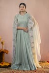 Buy_Aanchal Vijaywargi_Grey Organza And Falling Chiffon Embroidery 3d Floral Meher With Cape _at_Aza_Fashions