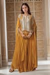 Buy_Samyukta Singhania_Yellow Natural Crepe Embroidery Pearl Round Mandala Bloom Shrug And Sharara Set _at_Aza_Fashions