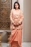 Buy_Samyukta Singhania_Peach Raw Silk Embroidery Pearl Lapel Collar Florin Jacket And Draped Skirt Set _at_Aza_Fashions