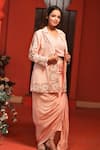 Samyukta Singhania_Peach Raw Silk Embroidery Pearl Lapel Collar Florin Jacket And Draped Skirt Set _Online_at_Aza_Fashions