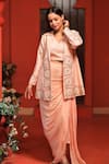 Buy_Samyukta Singhania_Peach Raw Silk Embroidery Pearl Lapel Collar Florin Jacket And Draped Skirt Set _Online_at_Aza_Fashions