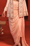 Samyukta Singhania_Peach Raw Silk Embroidery Pearl Lapel Collar Florin Jacket And Draped Skirt Set _at_Aza_Fashions