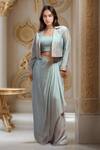 Buy_Samyukta Singhania_Blue Raw Silk Embroidery Flora Lapel Collar Crop Jacket And Draped Skirt Set _at_Aza_Fashions