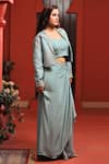 Buy_Samyukta Singhania_Blue Raw Silk Embroidery Flora Lapel Collar Crop Jacket And Draped Skirt Set _Online_at_Aza_Fashions