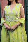 Samyukta Singhania_Green Dola Silk Embroidery Pearl Scallop V Bloom Front Slit Kurta And Sharara Set _Online_at_Aza_Fashions