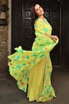 Samyukta Singhania_Green Chinnon Print Floral V Neck Kaftan With Pleated Pant _Online_at_Aza_Fashions