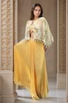 Buy_Samyukta Singhania_Yellow Natural Crepe Print Floral Cape Front Flower Embroidered And Skirt Set _at_Aza_Fashions