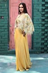 Samyukta Singhania_Yellow Natural Crepe Print Floral Cape Front Flower Embroidered And Skirt Set _Online_at_Aza_Fashions