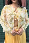 Shop_Samyukta Singhania_Yellow Natural Crepe Print Floral Cape Front Flower Embroidered And Skirt Set _Online_at_Aza_Fashions