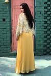 Shop_Samyukta Singhania_Yellow Natural Crepe Print Floral Cape Front Flower Embroidered And Skirt Set _at_Aza_Fashions