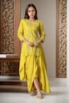 Buy_Samyukta Singhania_Yellow Dola Silk Embroidery Flower Round Neck Floral Tunic With Dhoti Skirt _at_Aza_Fashions