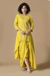 Samyukta Singhania_Yellow Dola Silk Embroidery Flower Round Neck Floral Tunic With Dhoti Skirt _Online_at_Aza_Fashions