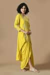 Buy_Samyukta Singhania_Yellow Dola Silk Embroidery Flower Round Neck Floral Tunic With Dhoti Skirt 